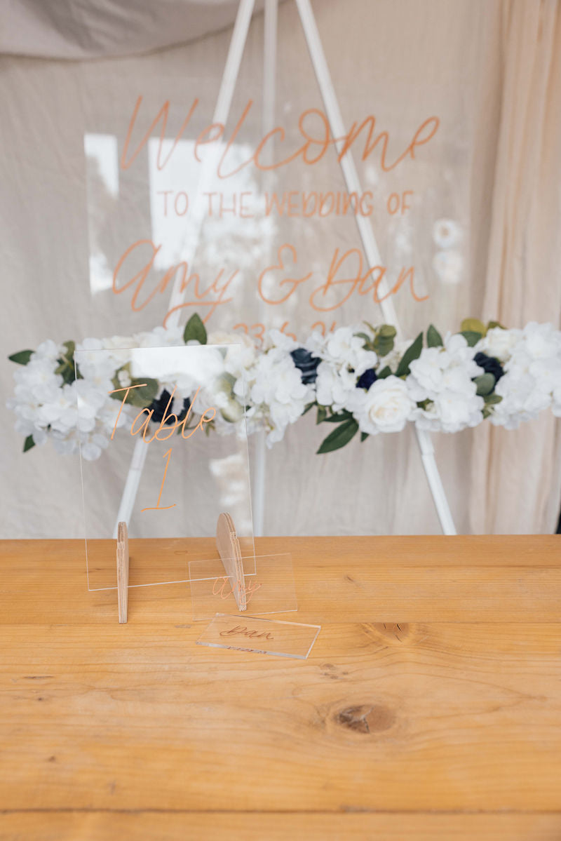 Clear acrylic Welcome board and Table number with matching Place Name